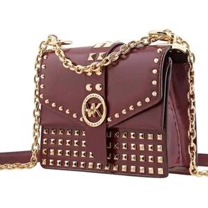Michael Kors Patent Leather Greenwich Crossbody Bag Burgandy Purse NWT $…
